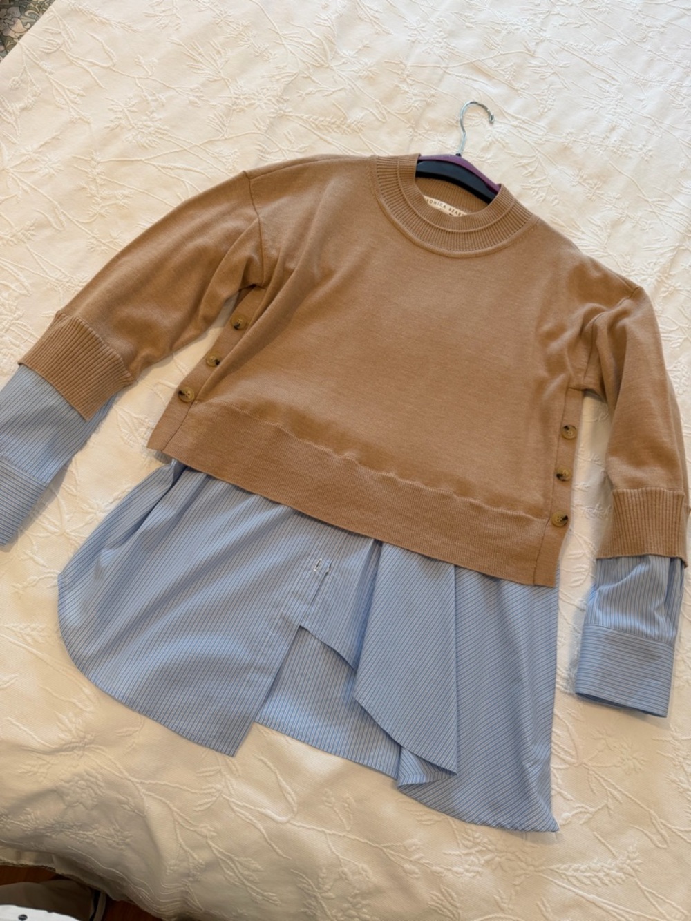 Veronica Beard tan sweater layered over light blue stripe shirttail